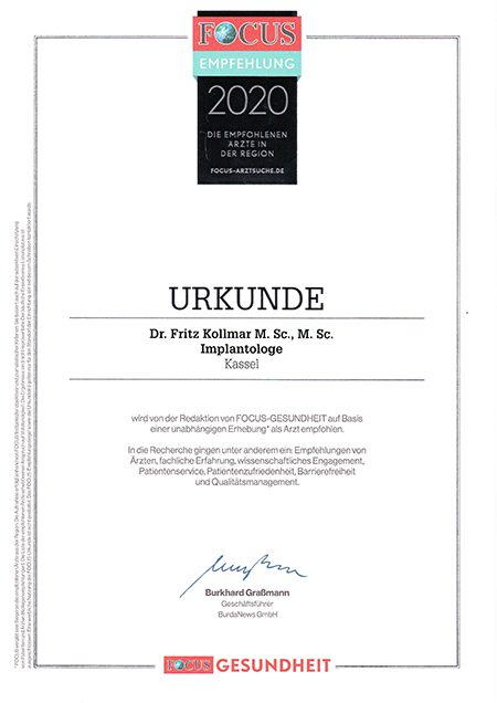 Auszeichnung als empfohlener Implantologe in Kassel: FOCUS-Gesundheit Urkunde 2020 für Dr. Fritz Kollmar.