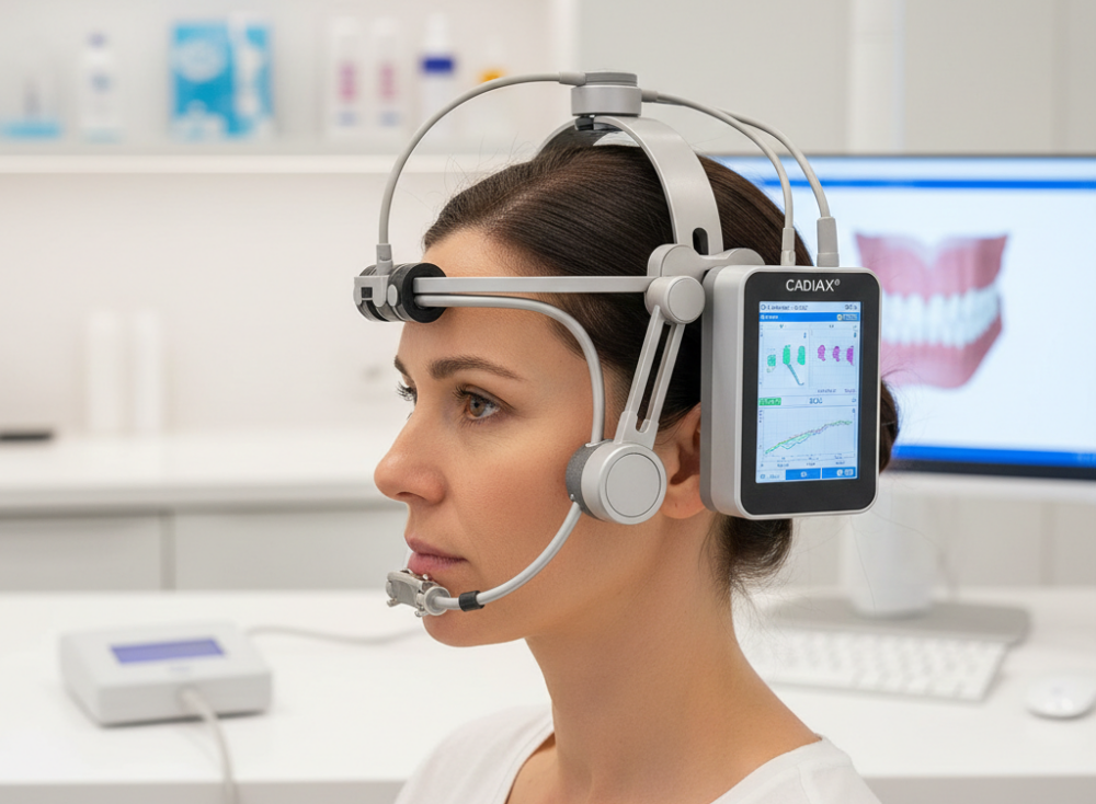 Funktionsdiagnostik in Kassel: Patientin mit dem CADIAX-System zur Vermessung der Kiefergelenksbewegungen bei Dr. Kollmar.