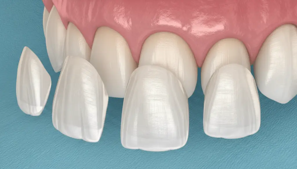 Illustration von hauchdünnen Keramik-Veneers, die für ein ästhetisches Lächeln in Kassel auf die Frontzähne gesetzt werden.