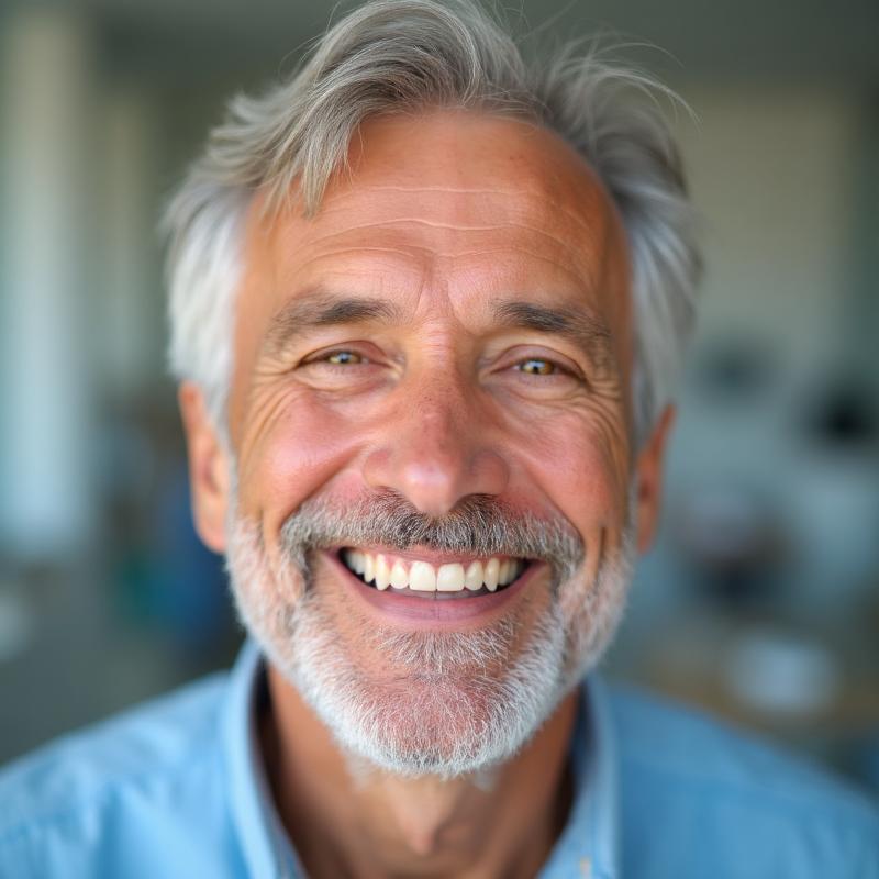 Nahaufnahme eines glücklichen Seniors mit gepflegtem Lächeln nach einer Behandlung bei Dr. Kollmar.
